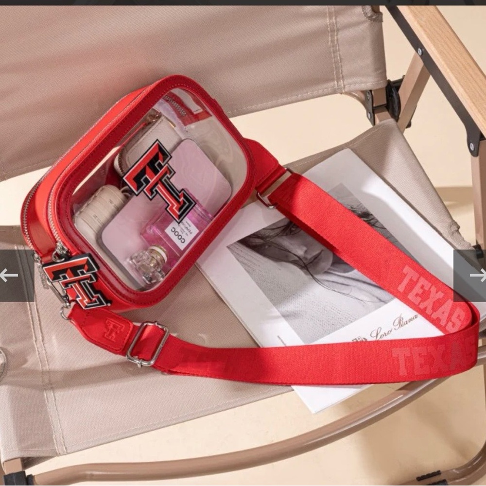 Faco Texas Longhorns clear crossbody bag with red trim and red 'TEXAS' text on s